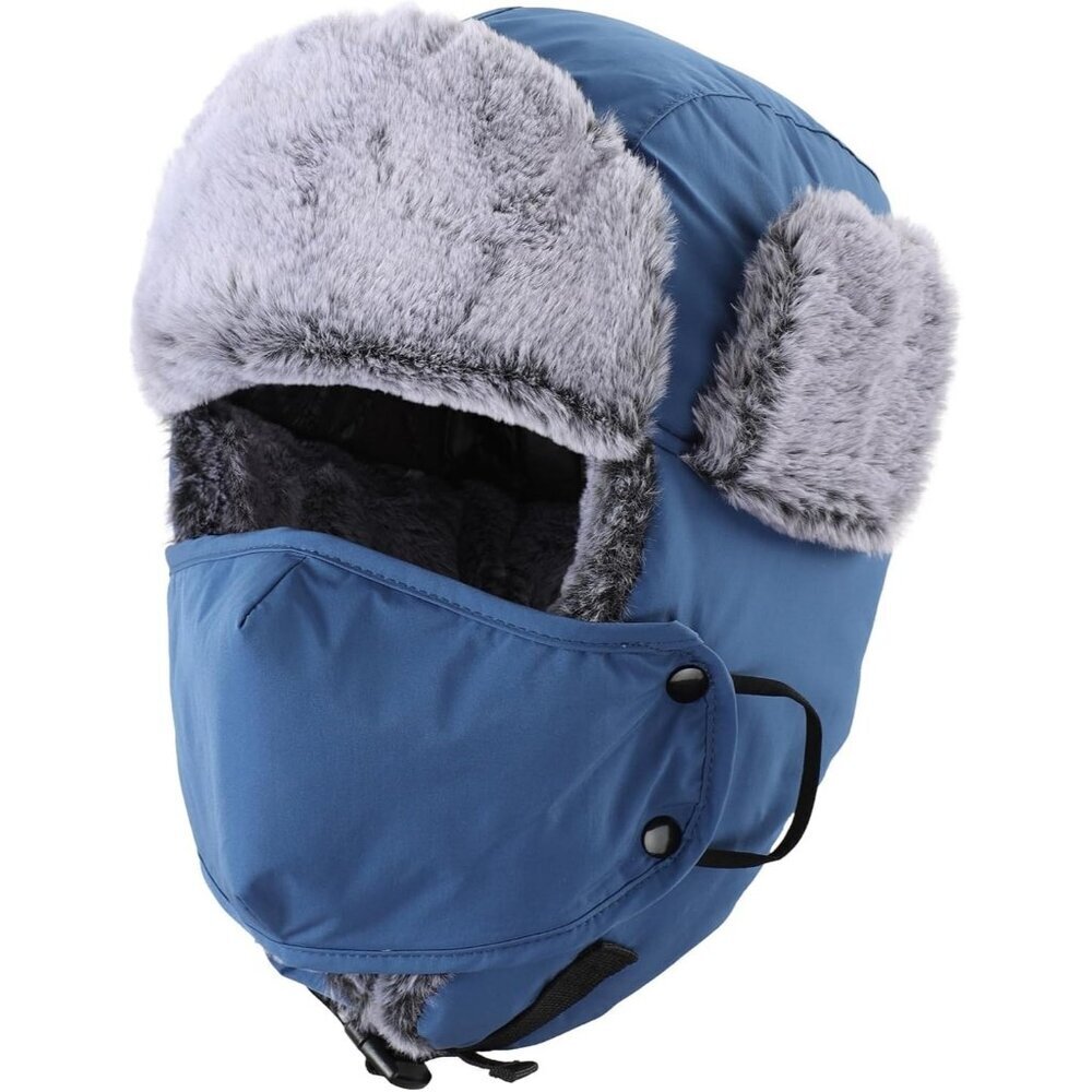 Men Blue Trapper Hat with Face Mask Faux Fur Winter Trooper Hunting Hat - Picture 1 of 9